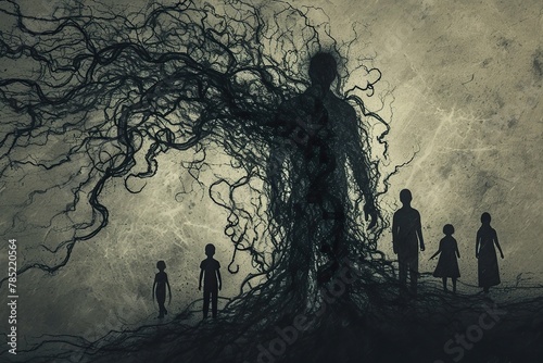 Silhouette of a father figure casting a long, oppressive shadow over a family. The shadow takes the form of twisted, thorny vines that ensnare the family members, symbolizing the impact of a father photo