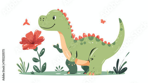 A cute dinosaur holds a scarlet flower in his paw. 