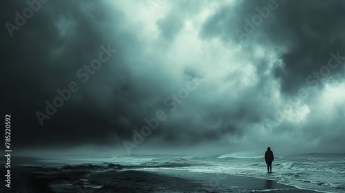 Lone figure standing on a desolate beach, their silhouette against a stormy sky, emitting a silent wail. Moody, monochromatic tones reminiscent of the emotional landscapes © Oskar Reschke