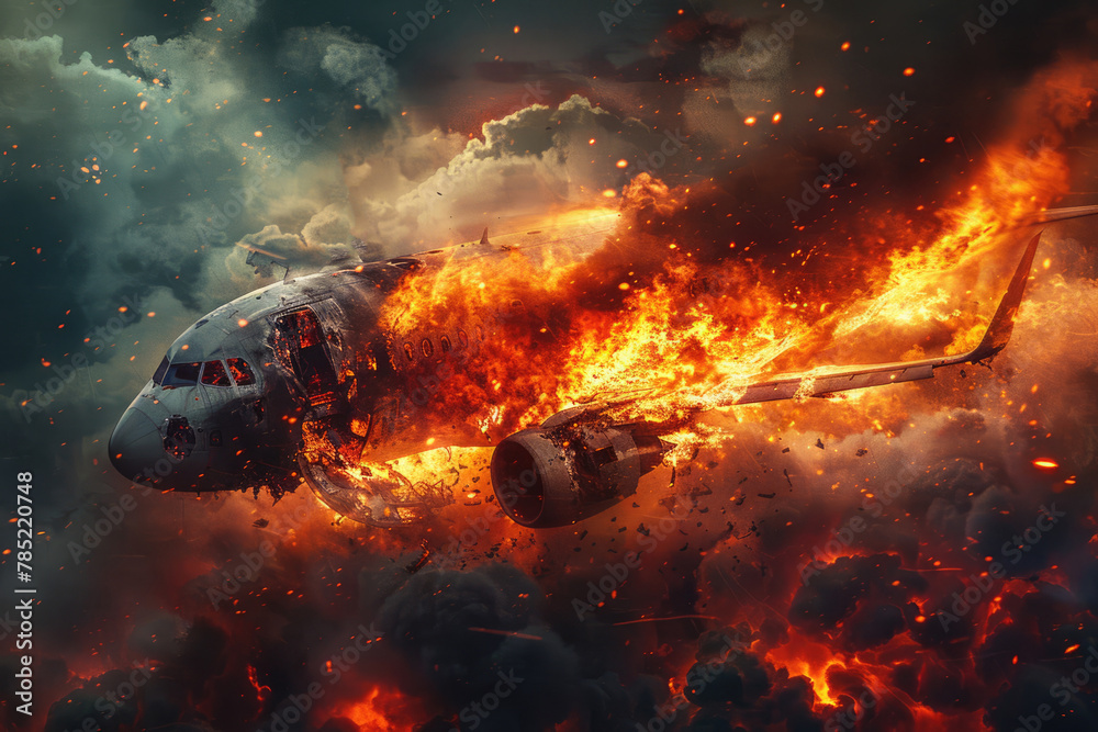 Burning passenger plane flying in the sky Burning passenger plane flying in the sky