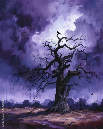 A Grym Fate. A lone, ancient oak tree stands tall in a desolate landscape, its gnarled branches reaching out like skeletal fingers. The sky is painted in shades of deep purples and ominous grays photo