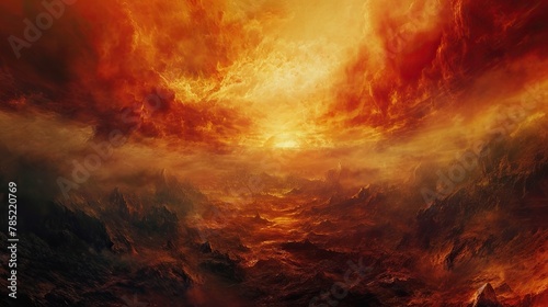 otherworldly landscape with fiery hues, where souls traverse an infinite expanse, symbolizing the concept of eternal punishment. The surreal atmosphere and dreamlike quality