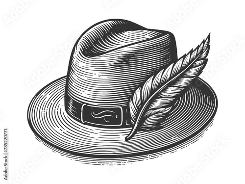 fedora hat adorned with a feather sketch engraving generative ai fictional character raster illustration. Scratch board imitation. Black and white image.