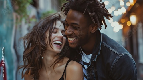 Genuine moment of connection between two diversed individuals, sharing smiles and laughter. The composition emphasizes the positive energy and warmth of the newfound friendship. 