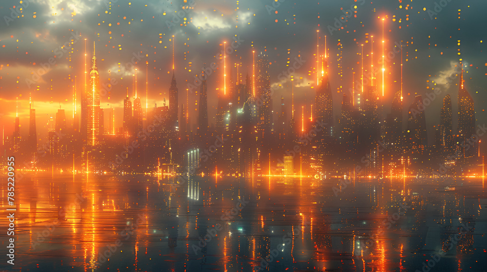 Futuristic City Skyline with Orange and Green Neon,
Modern City Skyline Illuminated at Dusk with Reflection on Water
