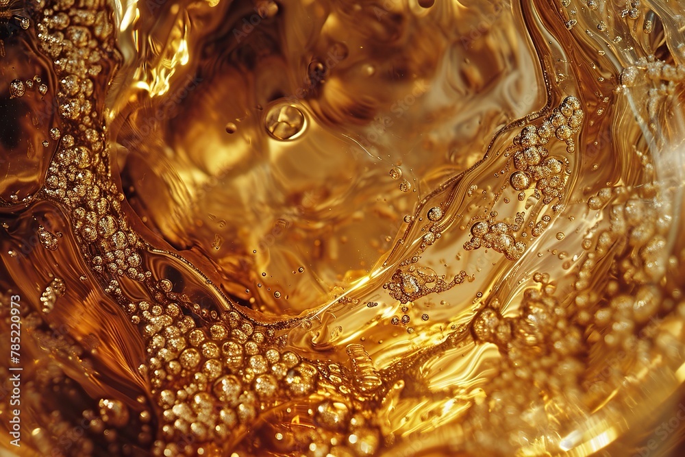 A high-angle shot capturing the intricate patterns and refractions of distilled gold in a transparent container. Rich amber tones. A high-angle shot capturing the intricate patterns and refractions of distilled gold in a transparent container. Rich amber tones.