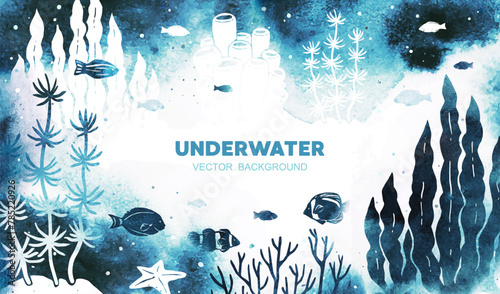 Watercolor vector template with fish and seaweed in blue colors. Marine underwater life. Template for posters, web design, flyer, advertisement, banner, invitation card