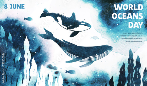 World oceans day. June 8. Watercolor vector killer whale and humpback under the sea. Marine underwater life. Ecology conservation. Template for flyer, list, ad, cover, banner, invitation