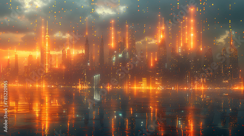 Futuristic City Skyline with Orange and Green Neon, Modern City Skyline Illuminated at Dusk with Reflection on Water 