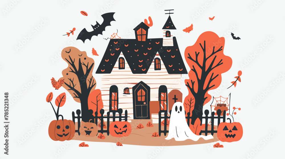 A festive house for Halloween. Ghosts a cat bats 