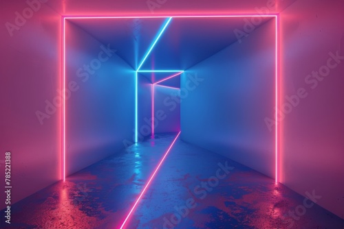 An Empty Room With Stairs and Neon Lights