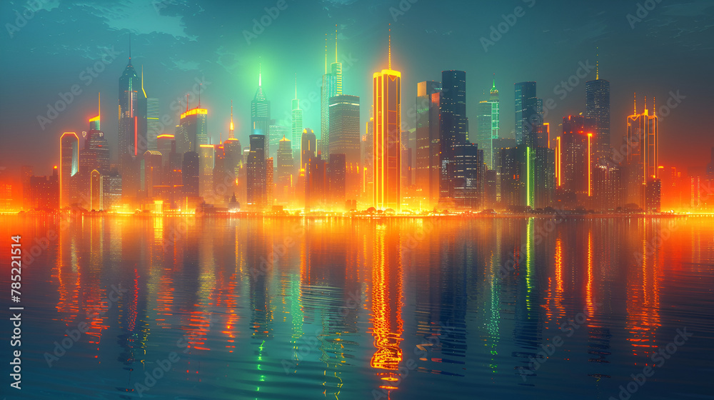 Futuristic City Skyline with Orange and Green Neon,
Abstract cityscape with dramatic lighting Neural network generated in May 2023 Not based on any actual scene or pattern