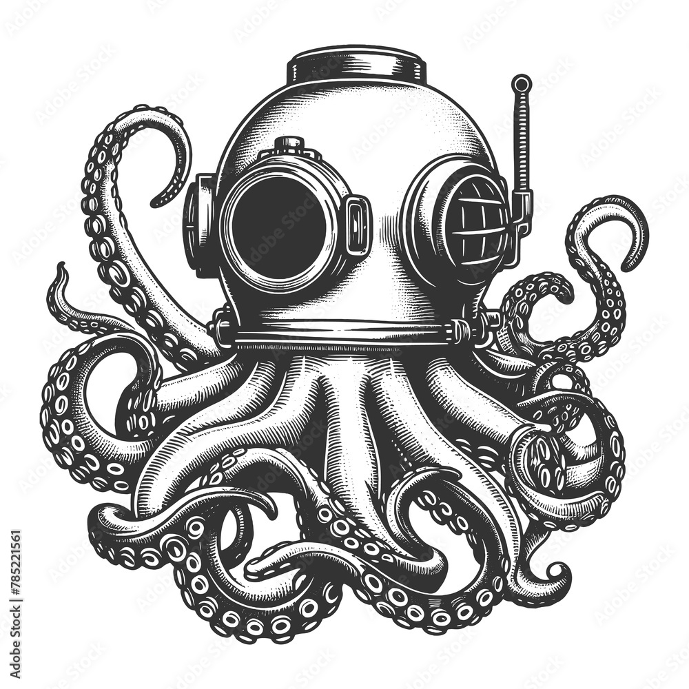 Octopus in diving helmet mechanical and the organic, steampunk diving
