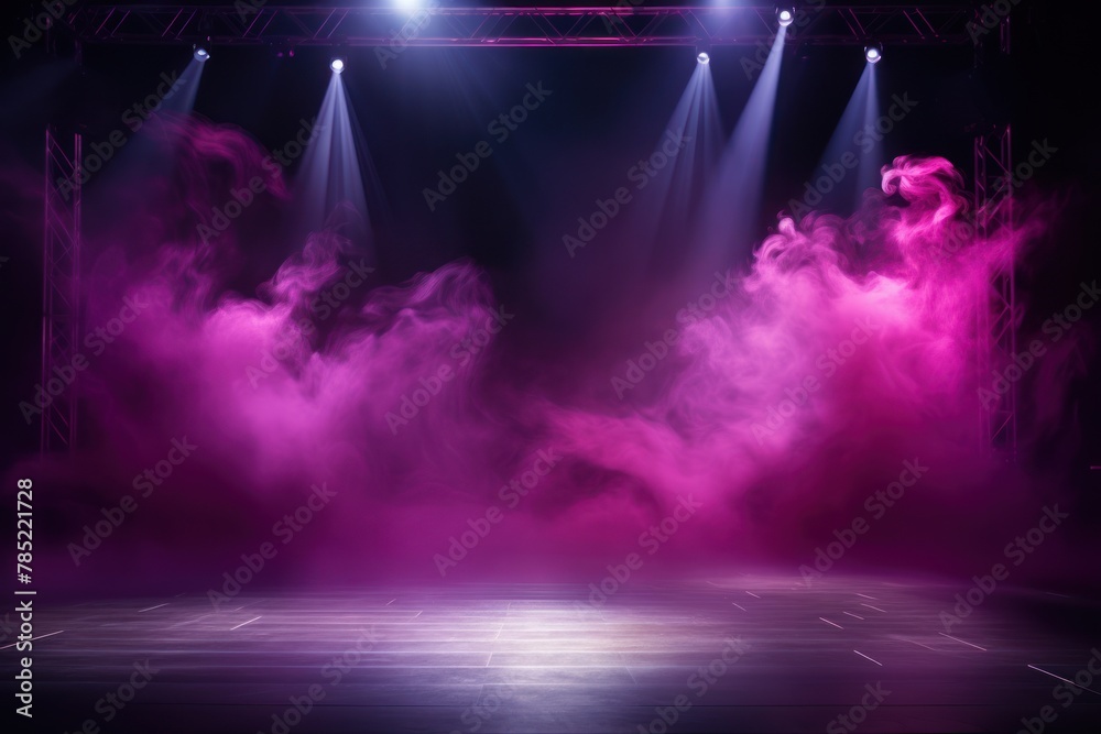 Magenta stage background, magenta spotlight light effects, dark atmosphere, smoke and mist, simple stage background, stage lighting, spotlights