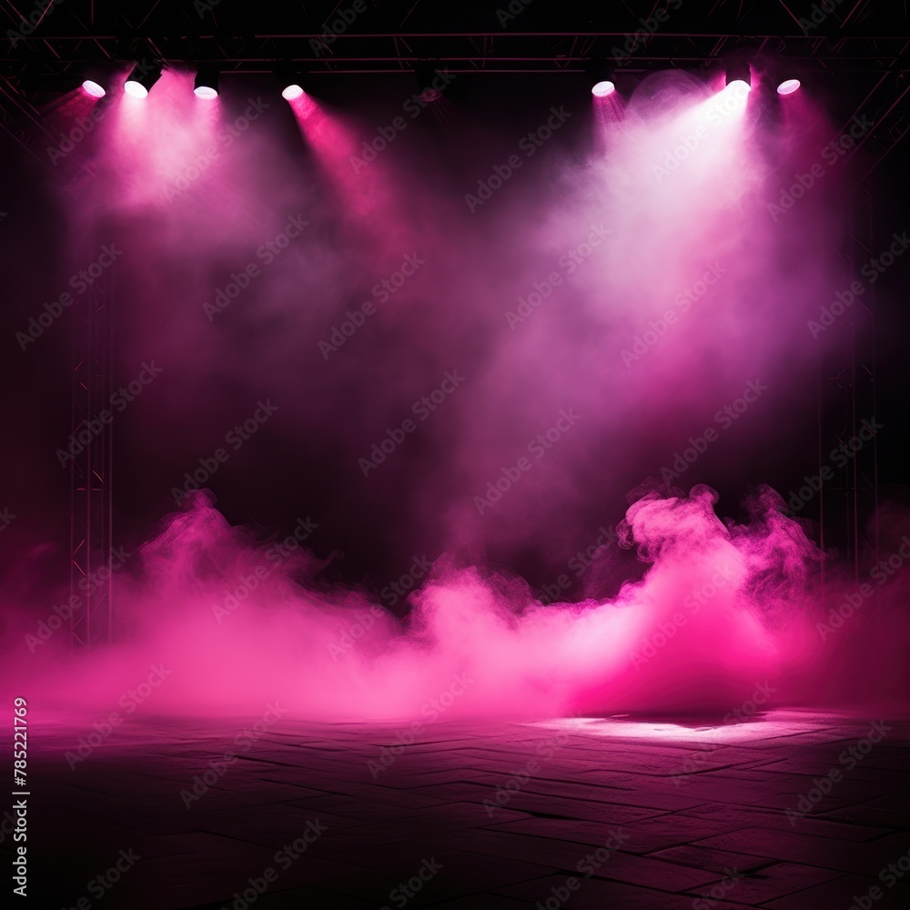 Magenta stage background, magenta spotlight light effects, dark atmosphere, smoke and mist, simple stage background, stage lighting, spotlights
