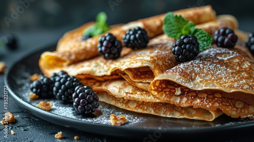 Plate of Pancakes With Blackberries and Mint