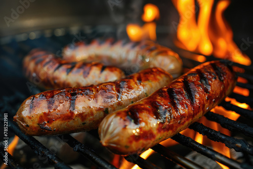 Sausages roasting on a barbecue fire
