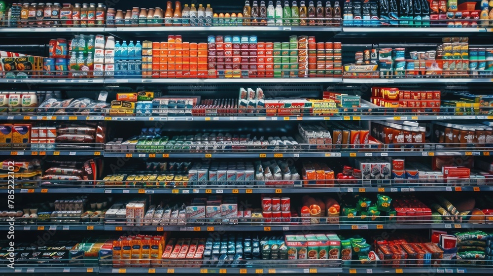© Ellionn - A retail shelf in a grocery store aisle filled with a variety of food and drinks © Ellionn - A retail shelf in a grocery store aisle filled with a variety of food and drinks
