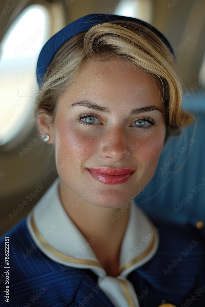 Young stewardess in uniform on the background of an airplane