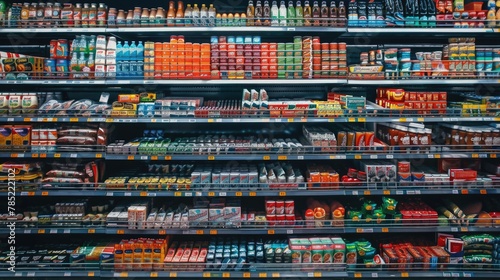 A retail shelf in a grocery store aisle filled with a variety of food and drinks photo