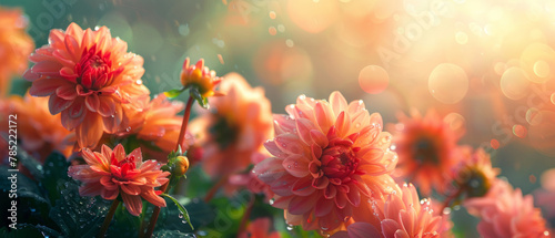 Delicate Dahlia flowers with rain drops in a rustic garden under sunset sunlight, creating a beautiful and serene scene.