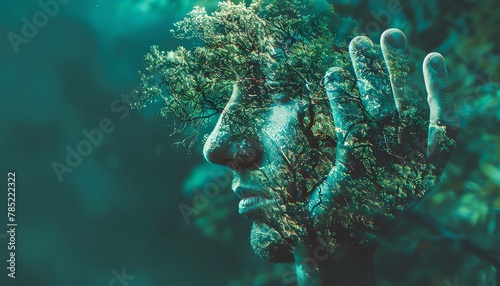 A photo of a man's face with a tree growing out of his head. The tree is made up of branches and leaves. photo