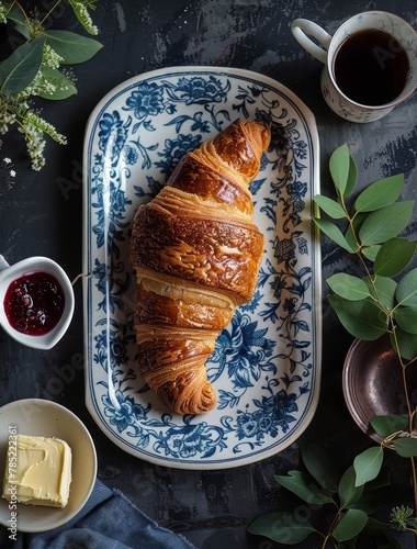 A Croissant and Coffee on Blue and White Plate