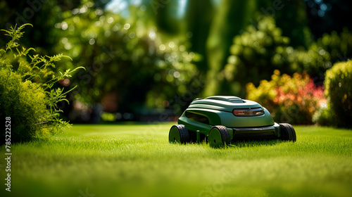 Robotic Lawn Mower cutting green grass in the garden. Automatic robot lawnmower in modern garden on sunny day close up.