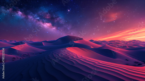 Desert Landscape with Sand Dunes and Purple Gradient,
Alien sunset purple color desert and sky
