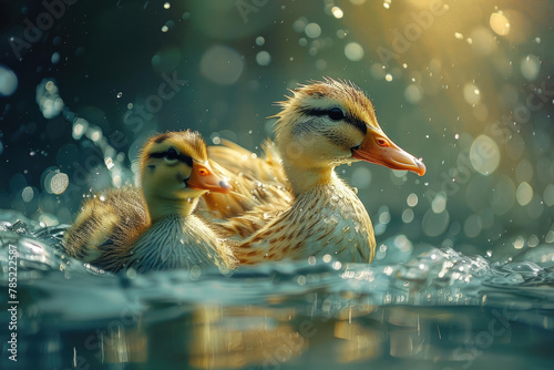 Funny ducklings swim in the pond