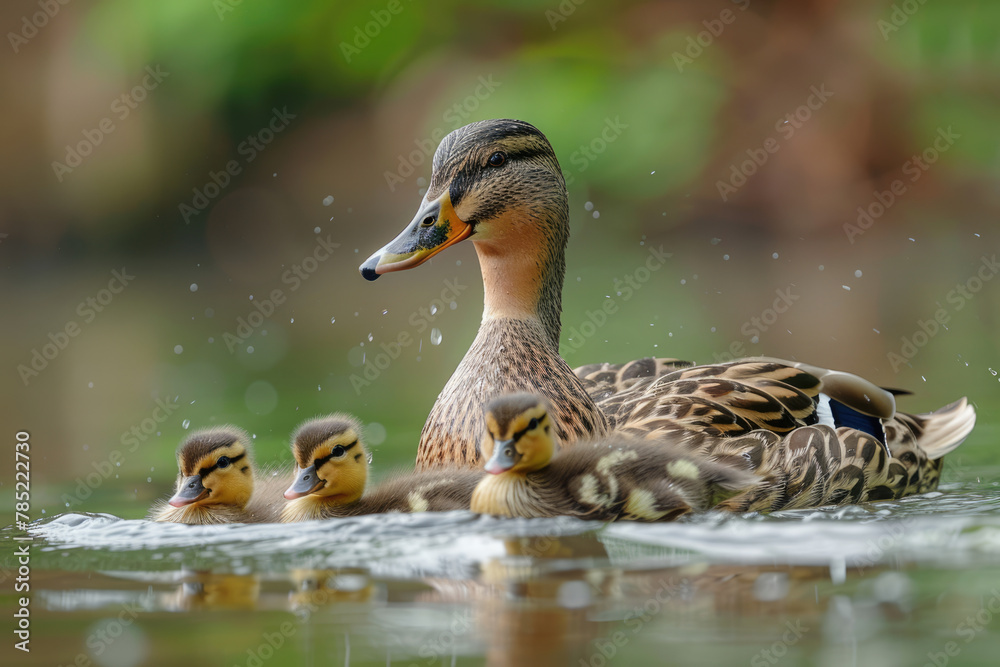 Mother duck with ducklings swim in the lake