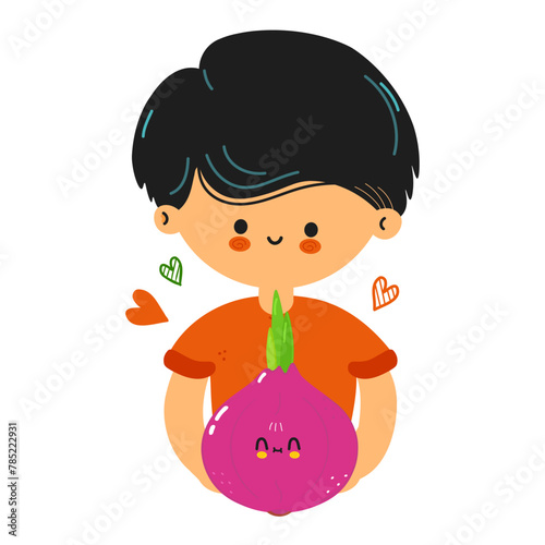 Young cute funny boy hold red onion in hand. Young boy hugs cute onion. Vector hand drawn doodle style cartoon character illustration icon design. Isolated on white background © Yevhen