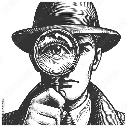 detective with a magnifying glass, focusing intently on a clue sketch engraving generative ai fictional character raster illustration. Scratch board imitation. Black and white image.