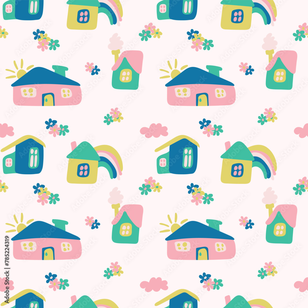 Obraz premium Home sweet home house silhouette with window, door and smoke seamless pattern. Funny houses of different shapes. Endless print background texture. Retro and vintage. Vector illustration.