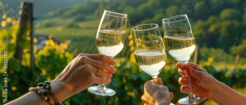 hands holding champagne against vineyards. Hands holding glasses of white wine in a toast against the backdrop of a sunlit vineyard, encapsulating the essence of a wine tasting experience.