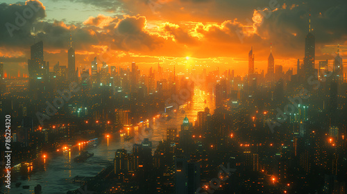 Futuristic City Skyline with Orange and Green Neon 3d image wallpaper 