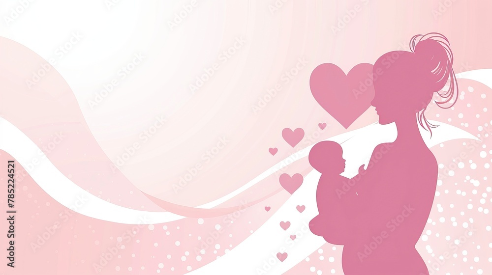 Mother's Day celebration card design with a mother silhouette holding a child and heart symbol. with the text Mother's Day celebration card design with a mother silhouette holding a child and heart symbol. with the text