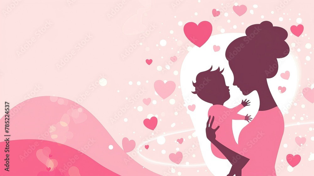 Mother's Day celebration card design with a mother silhouette holding a child and heart symbol. with the text Mother's Day celebration card design with a mother silhouette holding a child and heart symbol. with the text