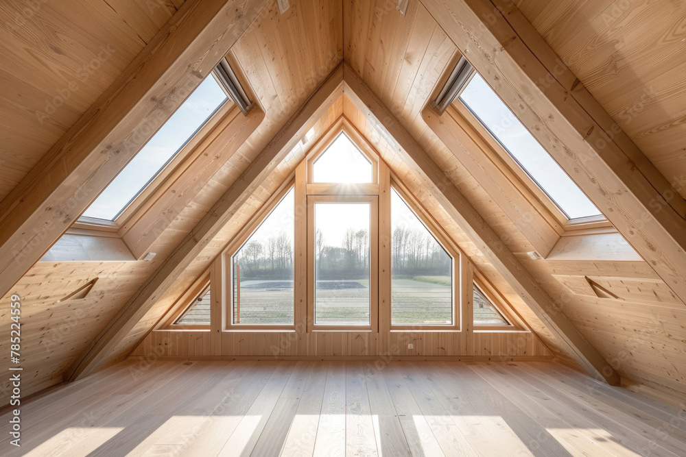 Interior of a bright attic room with windows Interior of a bright attic room with windows