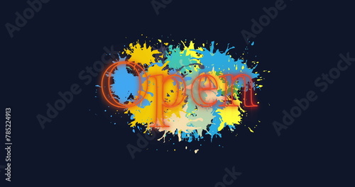 Image of neon red open text banner over colorful paint stains against black background
