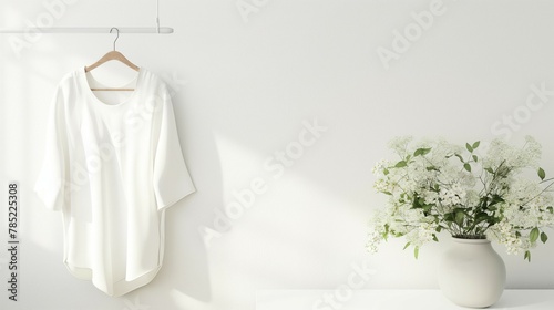 Blouse mockup, blouse model worn on mannequins, white wall and plant background