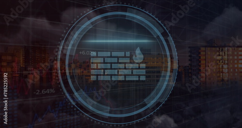 Image of cyber security text in shield and brick wall with fire icons over modern cityscape