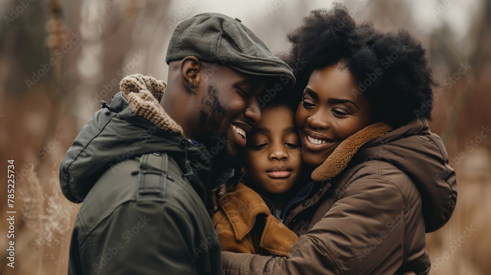 Fototapeta premium A military family standing together in a warm embrace, their faces full of smiles