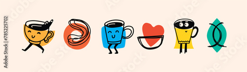 Set of retro doodle funny coffee characters and geometric shapes and doodles posters. Latte, cappuccino, coffee cup mascot. Nostalgia 70s, 80s. Print design for cafe