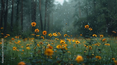 Rain-kissed wildflower field, forest silhouette, close-up, ground-level camera, overcast light  © Thanthara