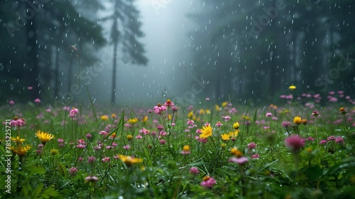 Rain-kissed wildflower field, forest silhouette, close-up, ground-level camera, overcast light 