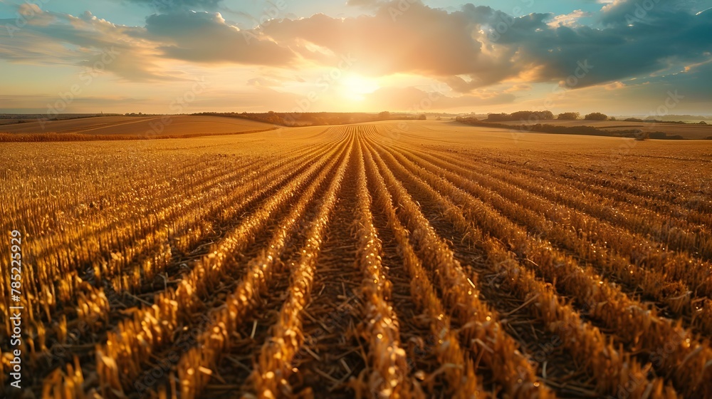 Sunset Symmetry over Thirsty Fields. Concept Nature Photography, Landscape Composition, Golden Hour Lighting, Vibrant Colors, Tranquil Settings