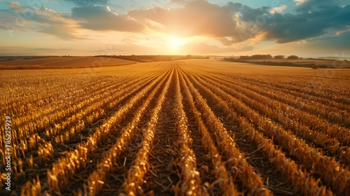 Sunset Symmetry over Thirsty Fields. Concept Nature Photography  Landscape Composition  Golden Hour Lighting  Vibrant Colors  Tranquil Settings