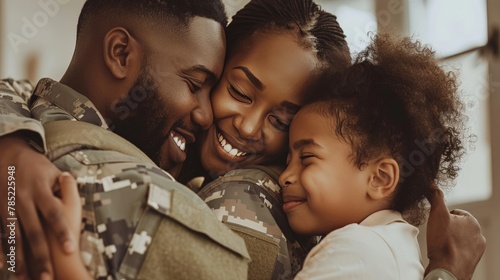 A military family standing together in a warm embrace, their faces full of smiles photo