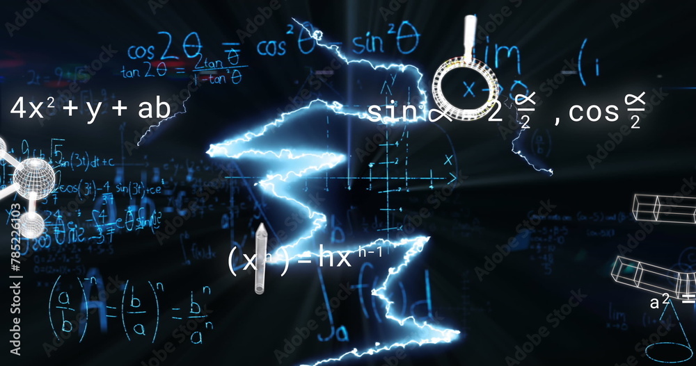 Image of icons over mathematical equations and lightning on black background Image of icons over mathematical equations and lightning on black background